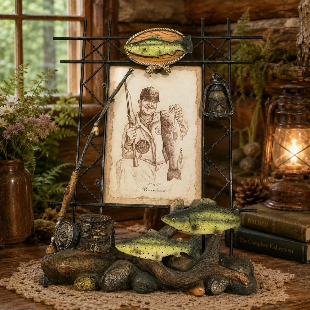Vintage Rustic Fishing Photo Frame 4x6 Rainbow Trout Fly Rod Cabin Lodge Decor